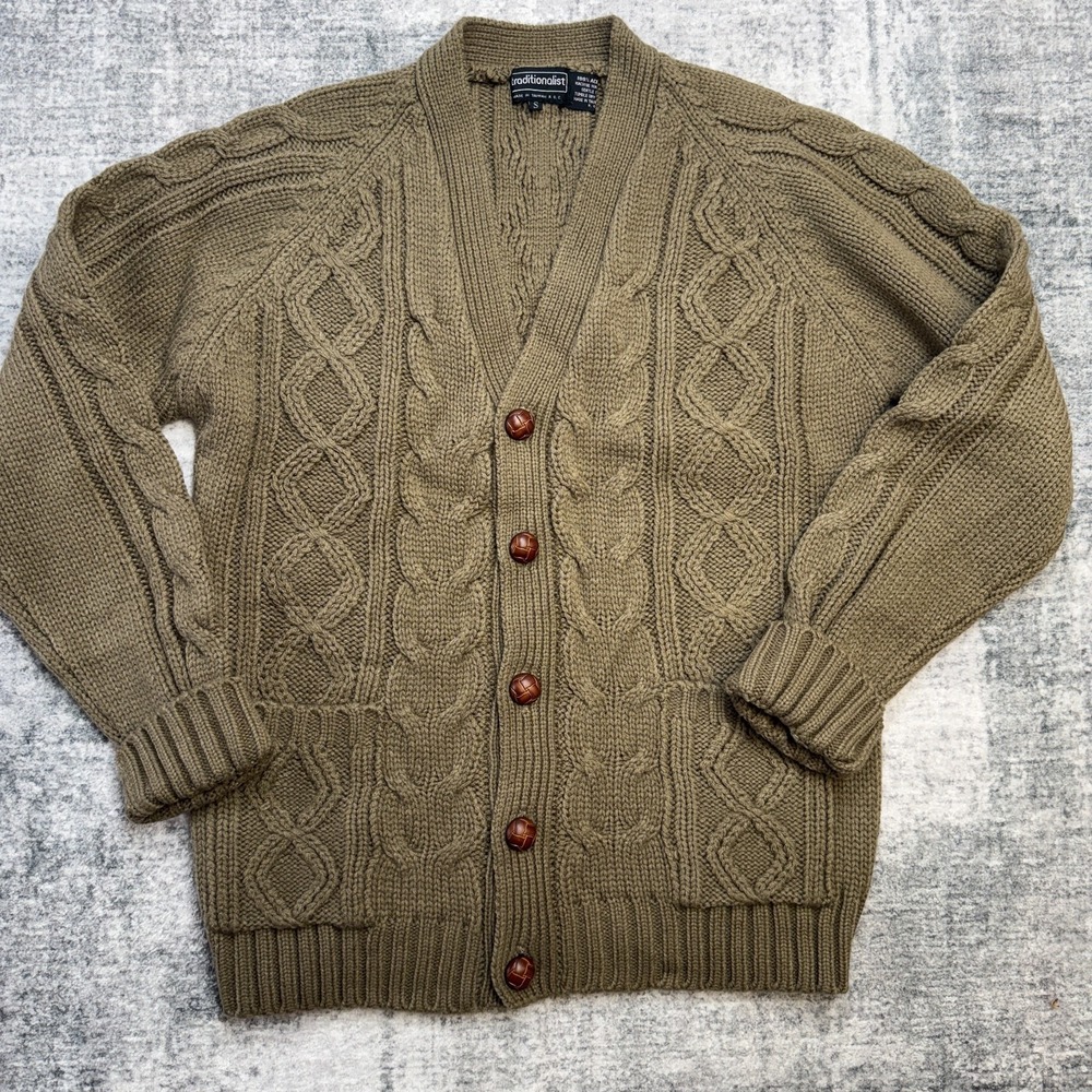 VTG Cable Knit Sweater Mens Small Brown Fisherman Cardigan Old Money Grandpa 80s